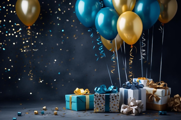 birthday background with balloons and gifts