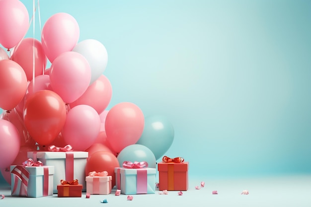 Photo birthday background with balloons and gifts