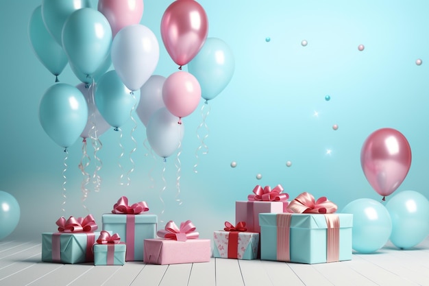 Birthday background with balloons and gifts