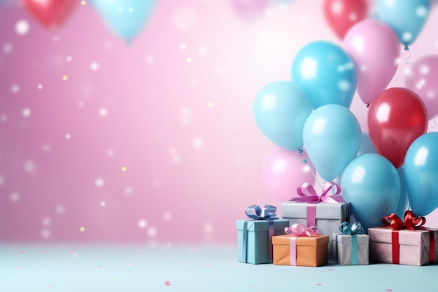 Birthday background with balloons and gifts