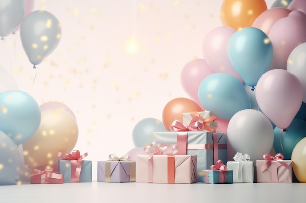 Birthday background with balloons and gifts
