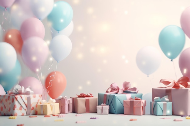 Birthday background with balloons and gifts