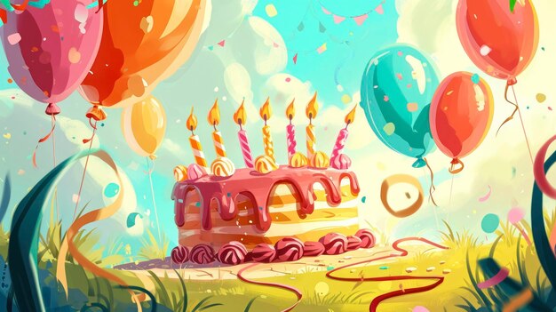 Birthday background with birthday cake with candles and colorful balloon