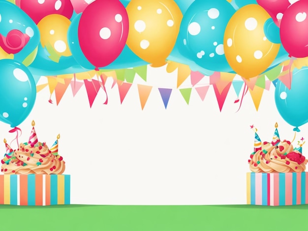 Photo birthday background with cake balloons and gift box