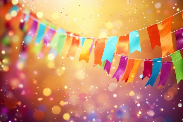 Photo birthday background with colorful flags garlands and confetti