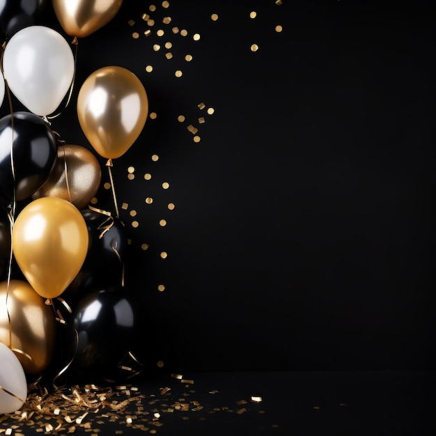 Photo birthday background with offcenter composition gold and white balloons large copyspace area