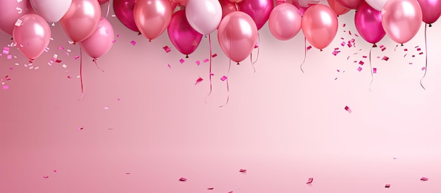 Birthday background with pink balloons confetti and streamers