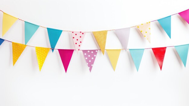 Photo birthday bash adornments colorful bunting flags as celebration decor on white background