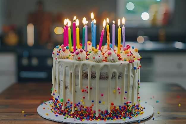 Birthday cake Birthday cake with white drip icing sprinkles and colorful birthday candles