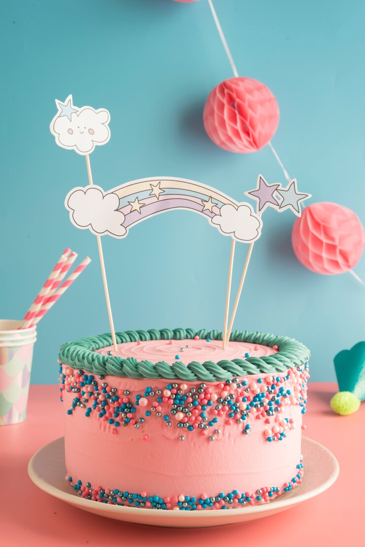 Photo メガネと紙ストローで男の子と女の子のための誕生日ケーキ