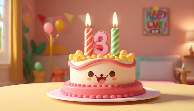 birthday cake cartoon 3d happy child kid girl boy hijab celebration smile character pink room