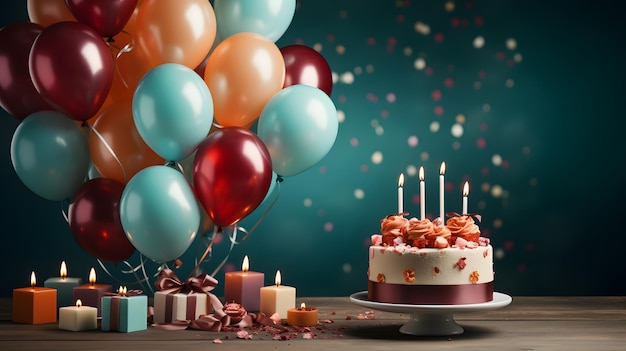 カラフルな風船で誕生日ケーキを祝う