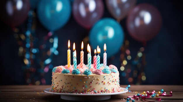 a birthday cake centerpiece surrounded by balloons confetti