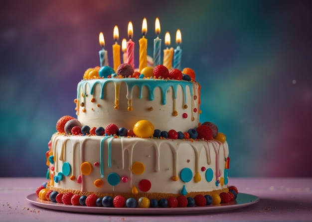 Birthday cake decorated on colorful background Generative ai