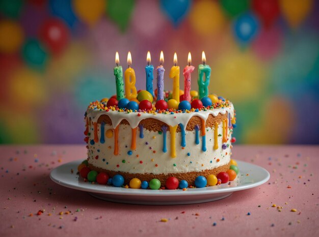 Photo birthday cake decorated on colorful background generative ai