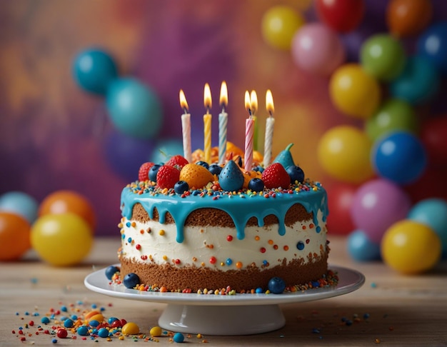 Photo birthday cake decorated on colorful background generative ai