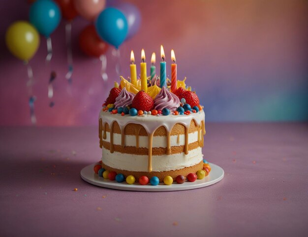 Фото Торт на день рождения, украшенный на красочном фоне