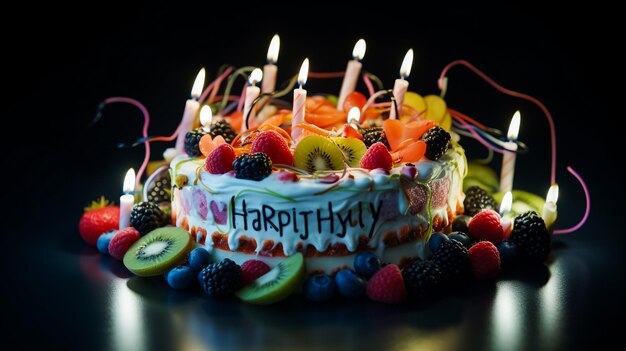 Photo birthday cake decorated with berries and strawberry