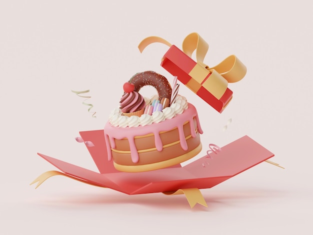 写真 祝賀パーティーのための誕生日ケーキがギフトボックスからポップアップします ハッピーバースデー3dイラスト