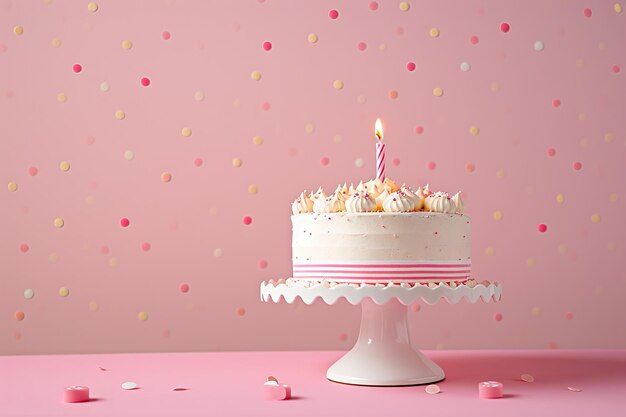 Birthday cake on pink background the style of minimalist still lifes light pink and pink