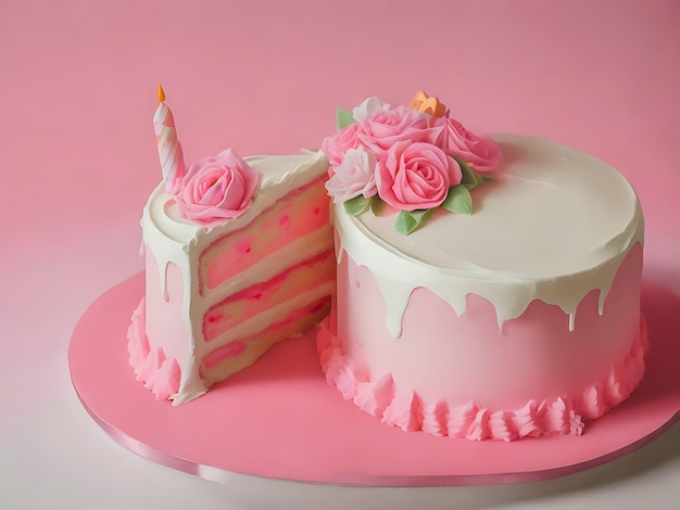 Birthday cake on pink color with candle generative AI