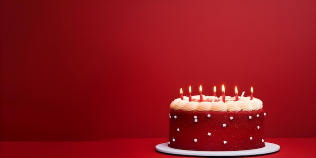 Photo birthday cake on red background with empty copyspace party template design