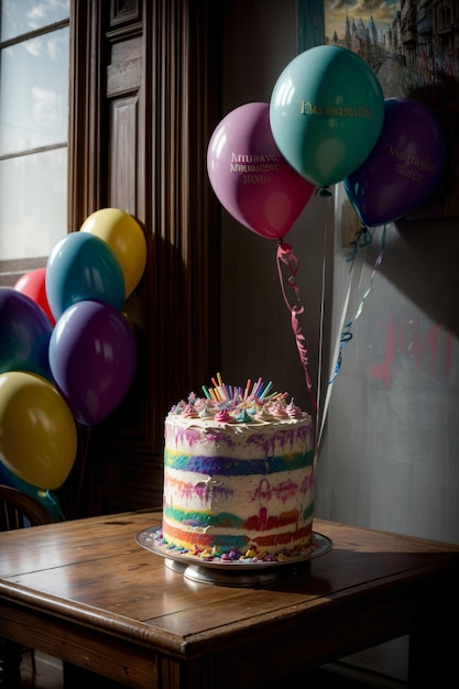 A Birthday Cake Sitting On Top Of A Wooden Table