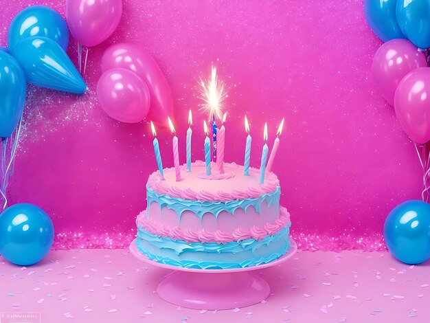 Photo birthday cake on table with blue candles and gradient background