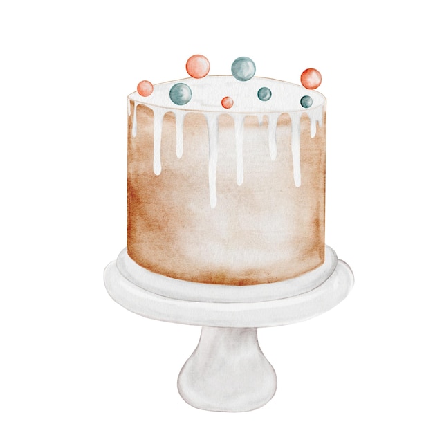 Birthday cake watercolor vintage illustration hand drawing of a holiday pie clip art isolated on