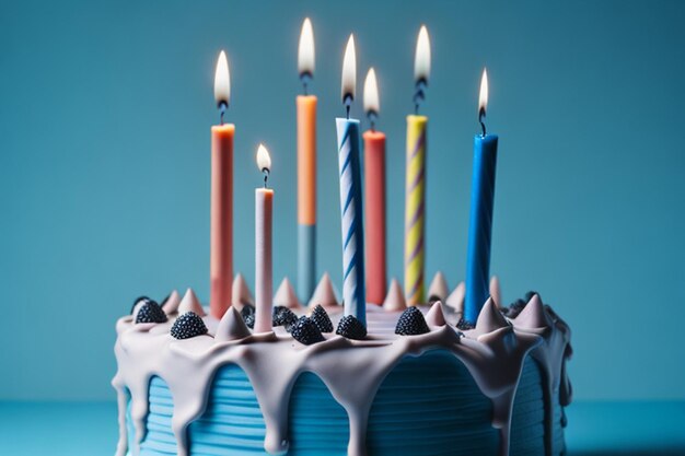 사진 파스텔 파란색 배경에 6 개의 불을 가진 생일 케이크와 복사 공간