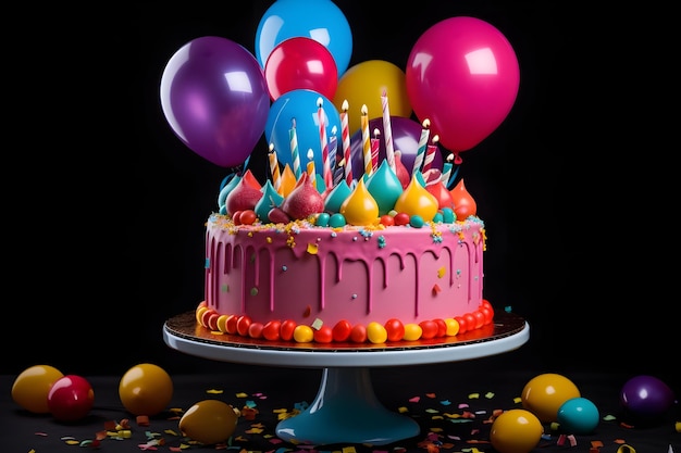 Birthday cake with air balloons black background