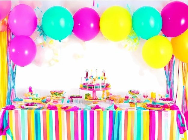 a birthday cake with balloons and a cake on the table