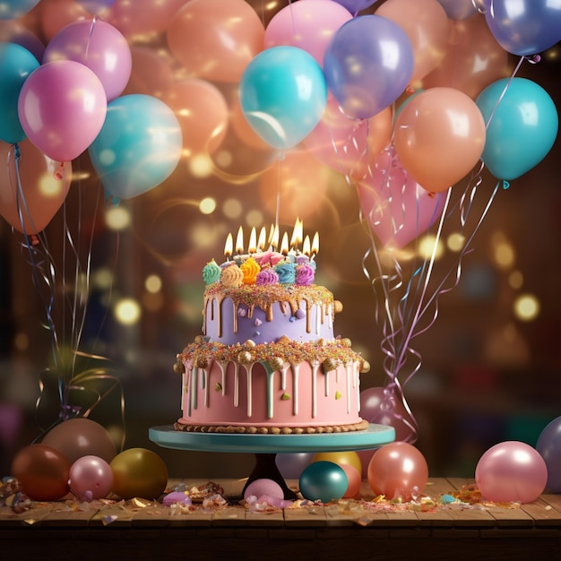 a birthday cake with balloons and candles on it