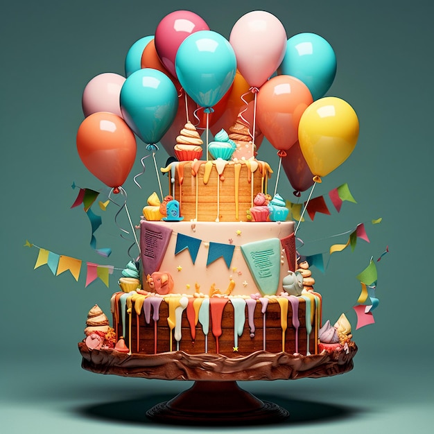 a birthday cake with balloons on it and a banner that says " happy birthday ".