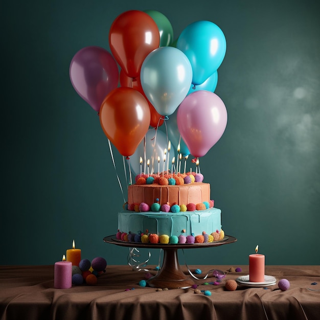 a birthday cake with balloons on a table with a cake on it.