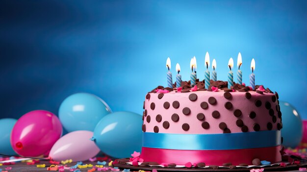 a birthday cake with balloons on the top of it and a blue background with a blue background