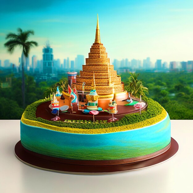 Photo birthday cake with bangkok landscape 3d realistic image download