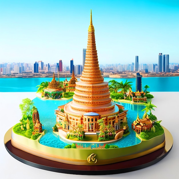 Foto torta di compleanno con bangkok landscape 3d download immagine realistica