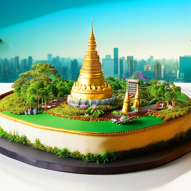 Photo birthday cake with bangkok landscape 3d realistic image download