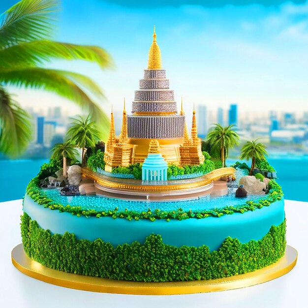 Foto torta di compleanno con bangkok landscape 3d download immagine realistica