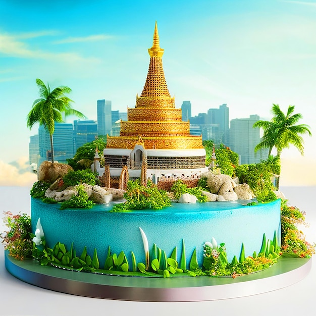 Photo birthday cake with bangkok landscape 3d realistic image download