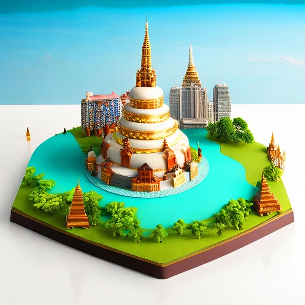 Foto torta di compleanno con bangkok landscape 3d download immagine realistica