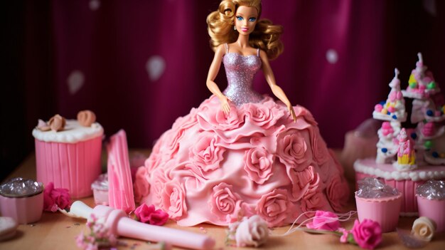 Photo birthday cake with barbie t heame