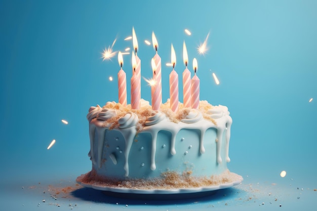 A birthday cake with a blue background