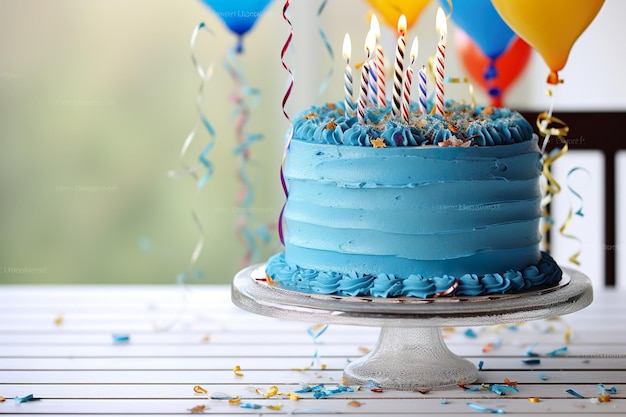 A birthday cake with blue frosting and colorful balloons