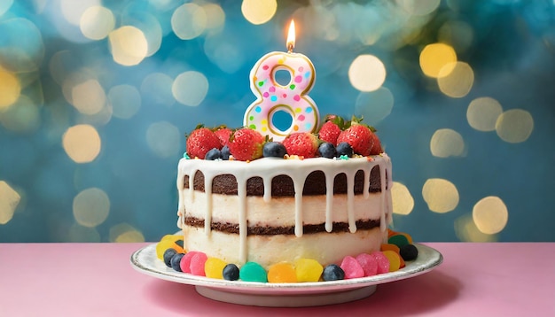 8 번 불타는 불이있는 생일 케이크 8 세 세 번째 기념일 맛있는 축제 디저트