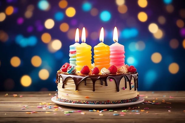 Birthday cake with burning candles on blue background Toned