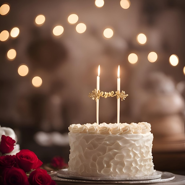 Photo birthday cake with burning candles on blurred background with bokeh