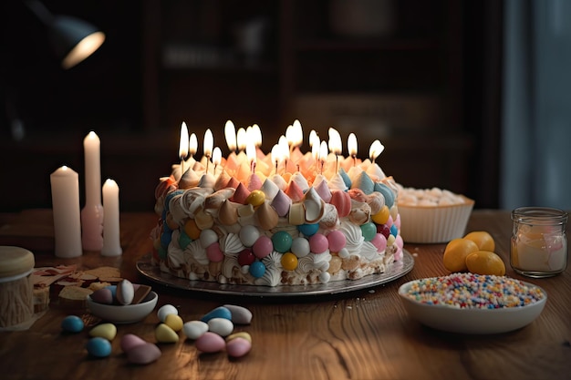 Торт на день рождения с горящими свечами и конфетами на деревянном столе в помещении Вкусный торт на день рождения на деревянном столе с мягкой кремовой глазурью и посыпкой Сгенерировано AI
