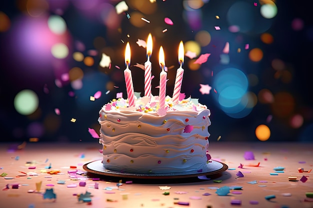 나무 테이블 위에 불타는 촛불과 색종이 조각이 있는 생일 케이크 불타는 촛불과 색종이 조각 3d 일러스트레이션이 있는 생일 케이크 AI 생성